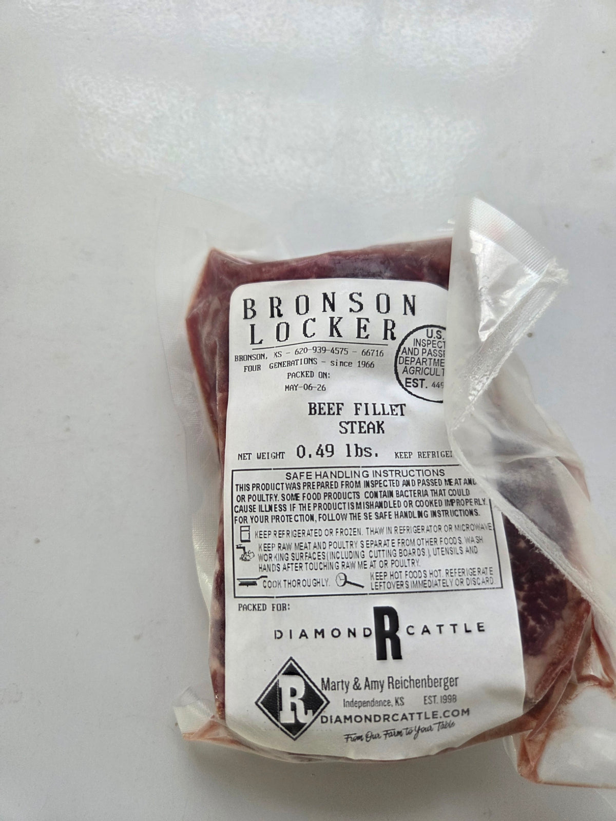 Diamond R Cattle Filet Mignon, grass fed grain finished beef, Independence Kansas