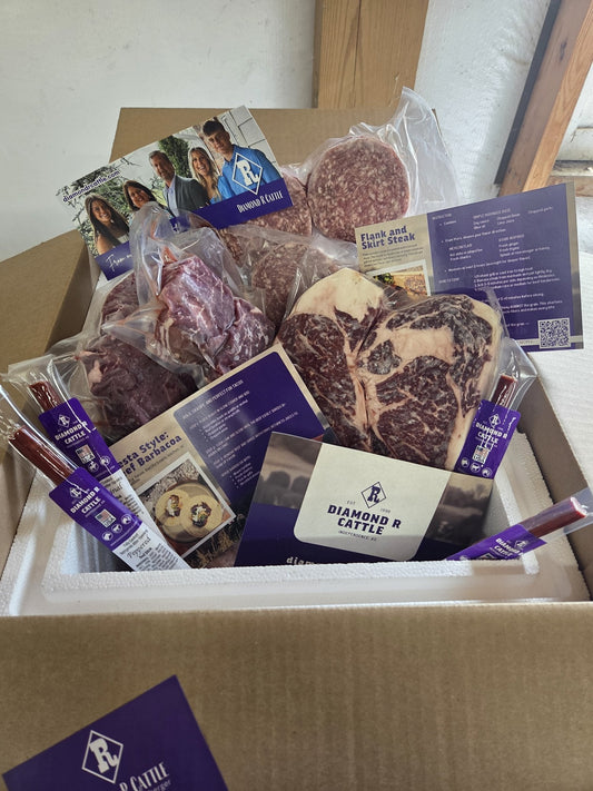 Diamond R Cattle gift box packed with steaks, beef sticks and branded tissue