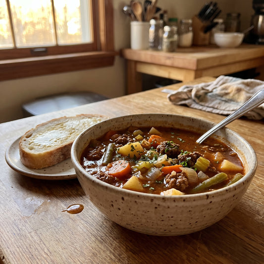 Bowl of hearty hamburger soup with ground beef, potato, carrot, and green beans in a rich beef broth