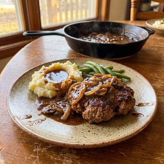 Hamburger steak patties smothered in onion and mushroom brown gravy over mashed potatoes
