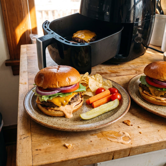 Two juicy air fryer cheeseburgers on toasted buns made with Diamond R 80/20 ground beef