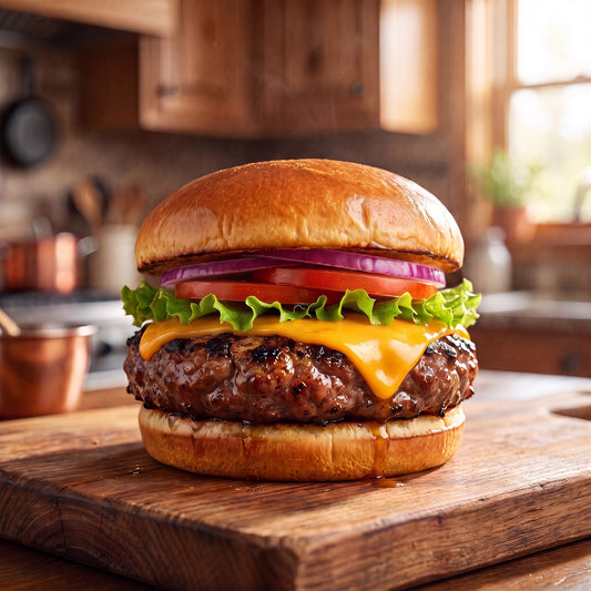 Juicy grilled Diamond R cheeseburger on a wood board