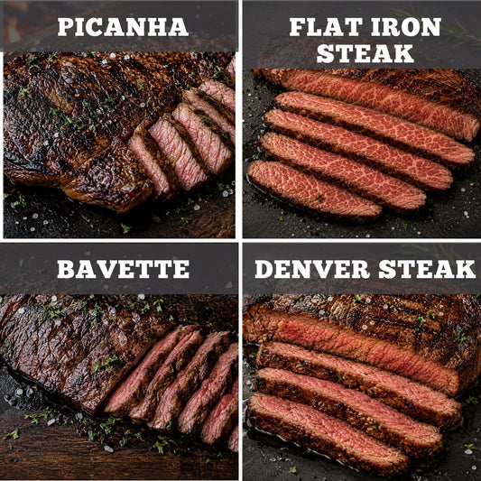 Four Diamond R Cattle sleeper cut steaks, grilled and sliced: picanha, flat iron, bavette, and Denver steak