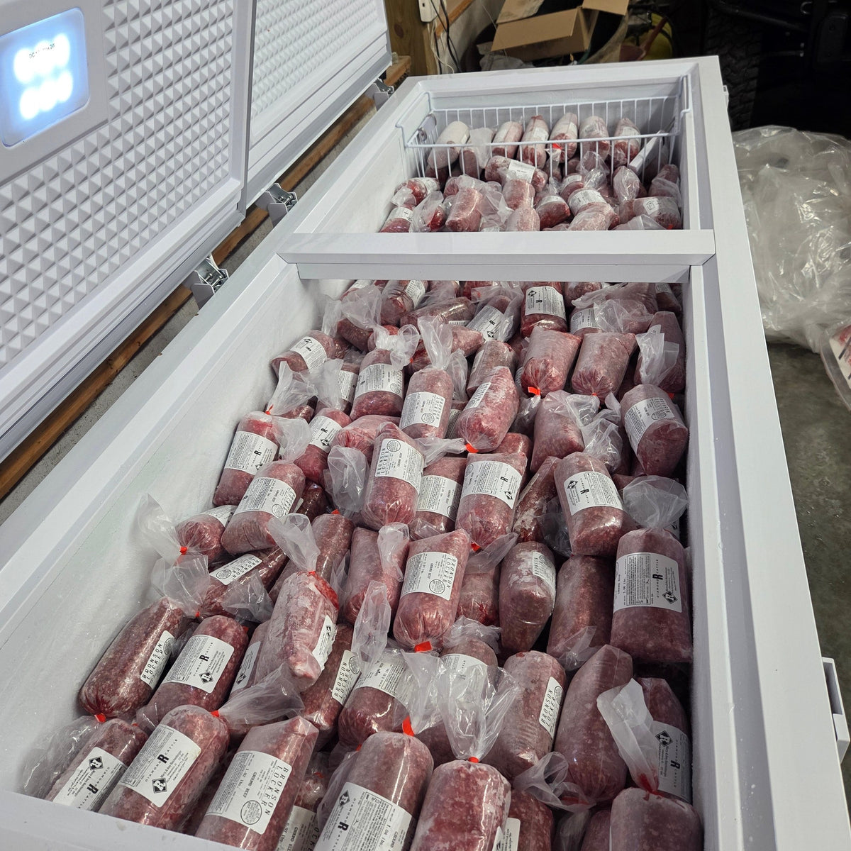1 lb packs of Diamond R Cattle 80/20 ground beef in the ranch freezer