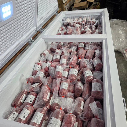 1 lb packs of Diamond R Cattle 80/20 ground beef in the ranch freezer