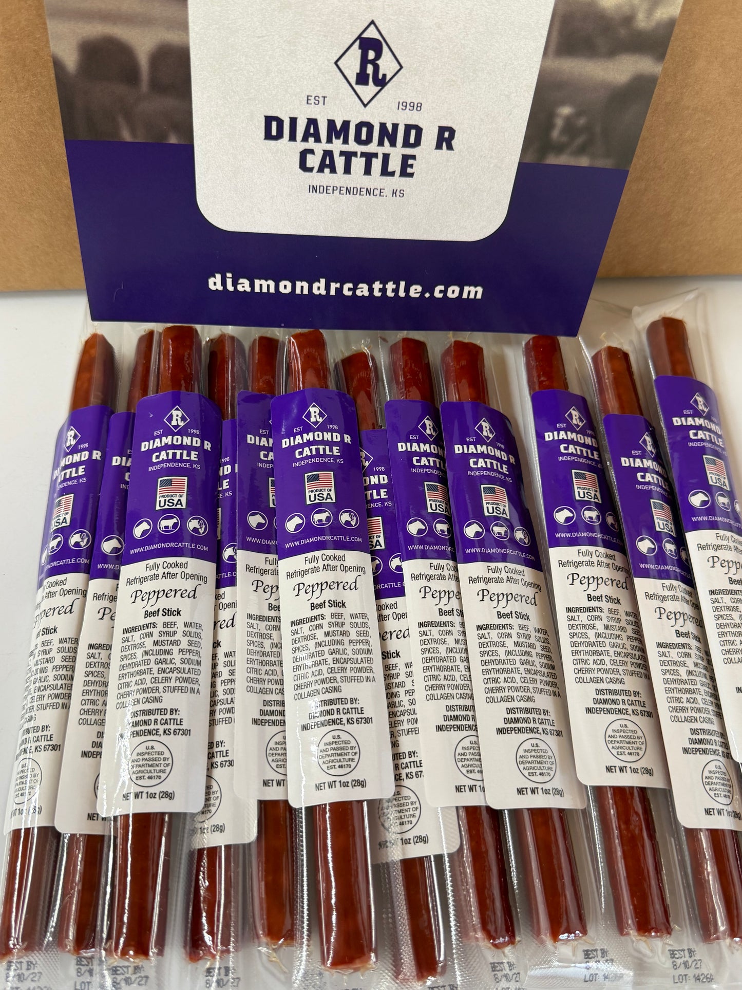 Diamond R Cattle Beef Sticks, grass fed grain finished beef, Independence Kansas